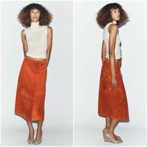 ZARA NEW WOMAN MID-WAIST WRAP SUEDE LEATHER WRAP MIDI SKIRT ORANGE